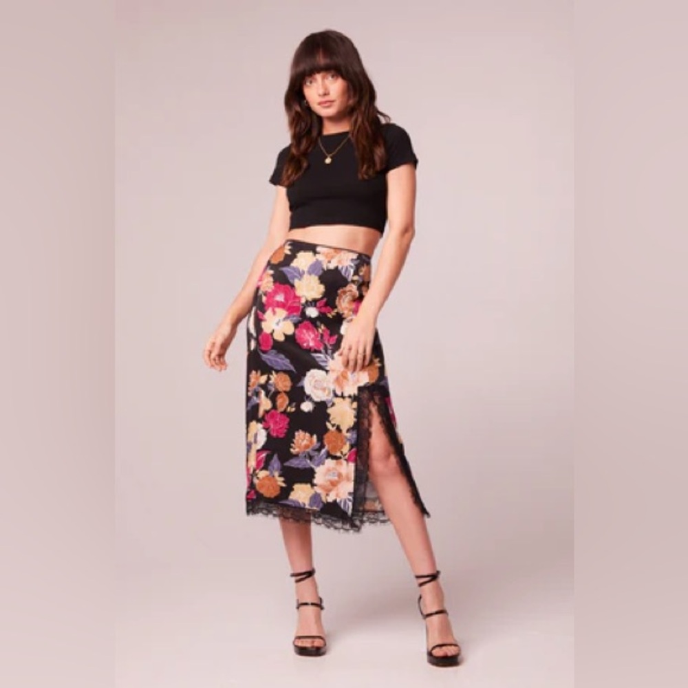 Floral Satin Midi Skirt - Black Multi - Picture 3 of 5